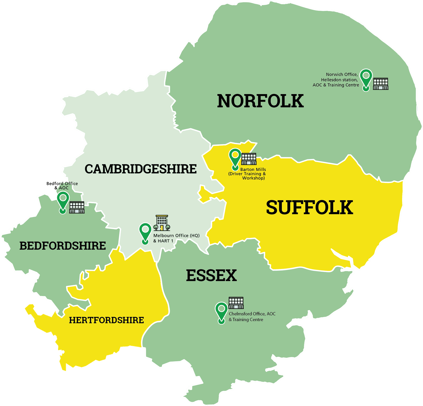 A map of the EEAST Trust coverage area