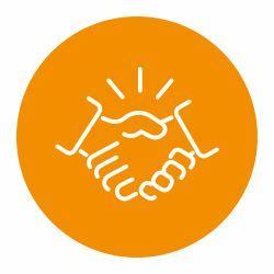 Orange circle with shaking hands icon to show respect